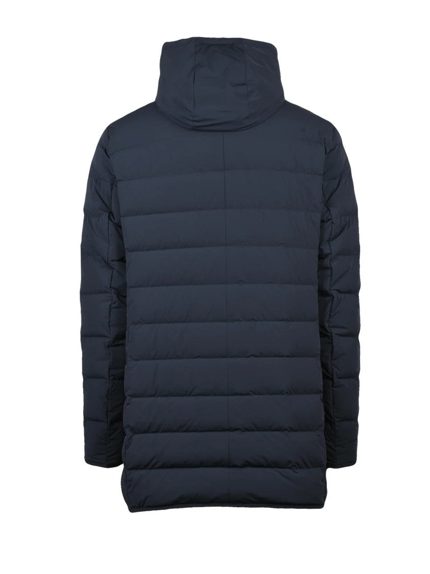 Duno Quilted Navy Blue Down Jacket With Removable Bib And Padded Silhouette