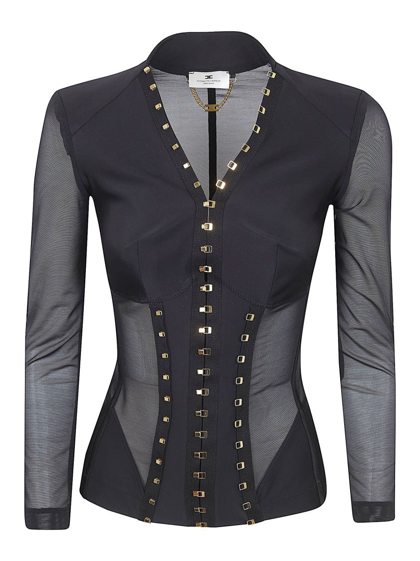 Elisabetta Franchi Body-Hugging Bustier Jacket With Geometric Cuts And Satin Accents