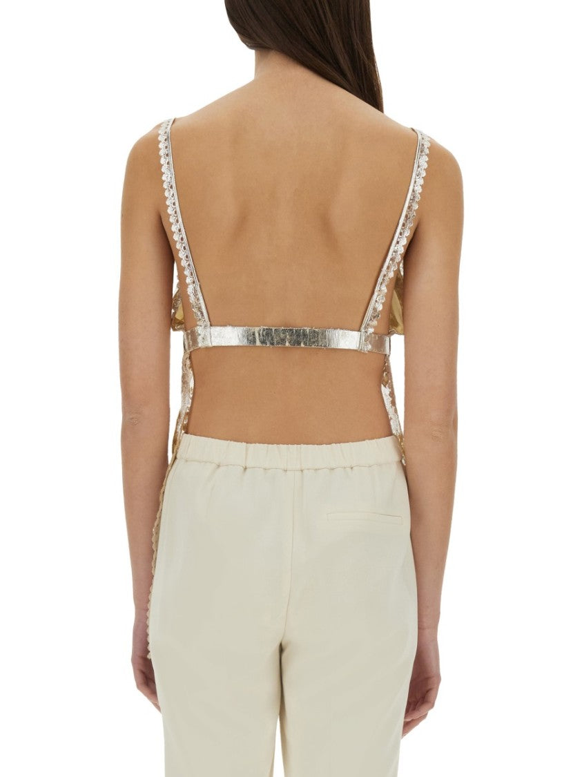 Rabanne Laminated Pleated Satin Top With Lace Detail