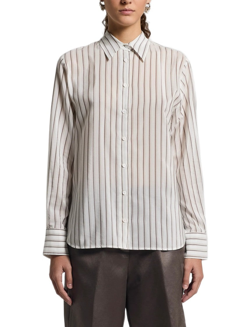 Peserico Button-Down Shirt With Vertical Stripes And Curved Hem