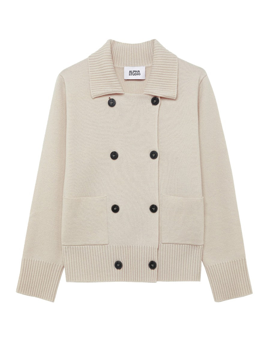 Alpha Studio Double-Breasted Wool Knit Jacket With Ribbed Edges