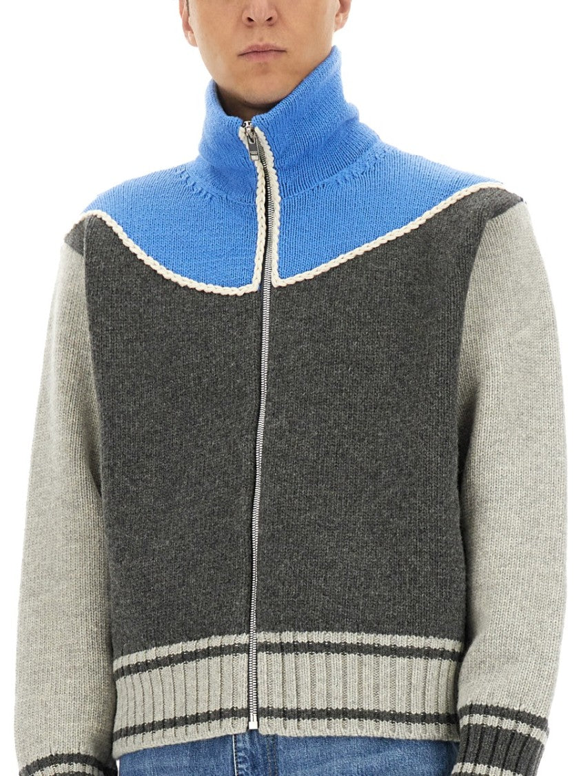 Bottega Veneta Color-Block Wool Knit Shirt With Zip-Up Front