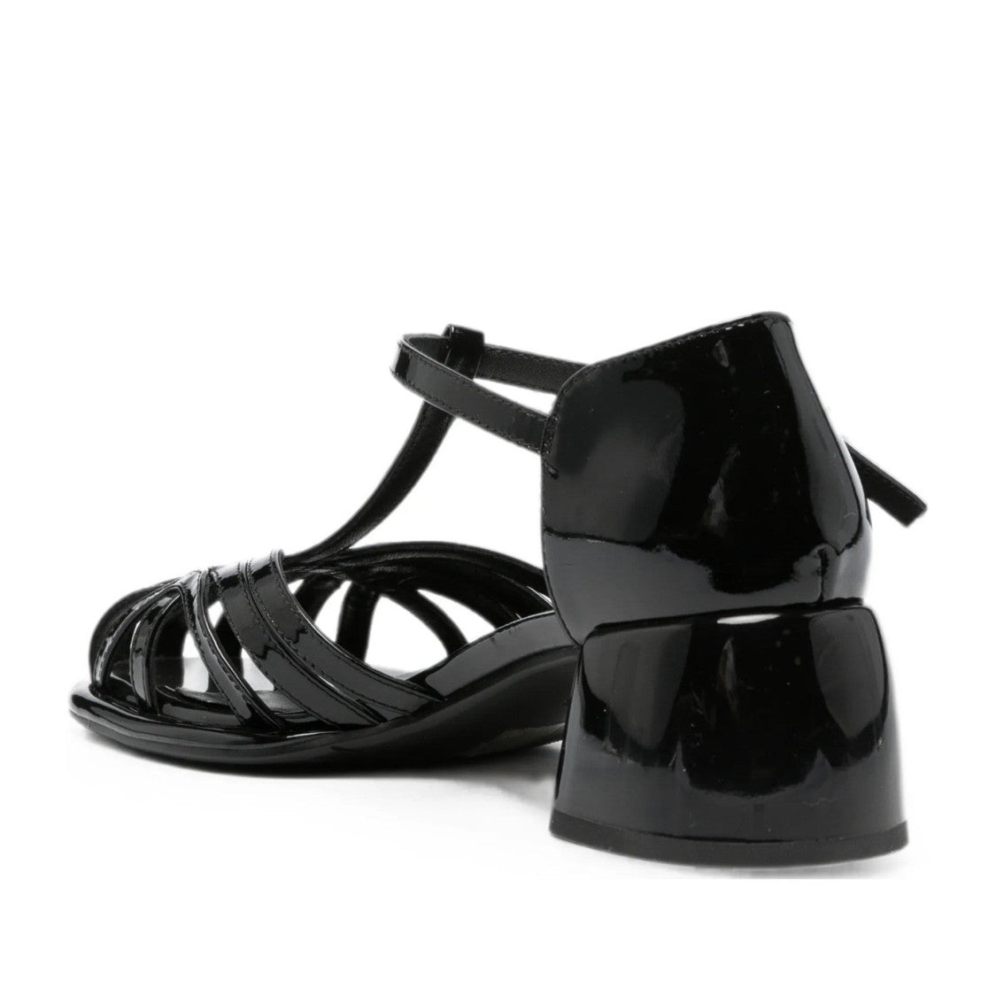 Adrianna Feretti Black Mid-Height Block Heel T-Strap Patent Sandals