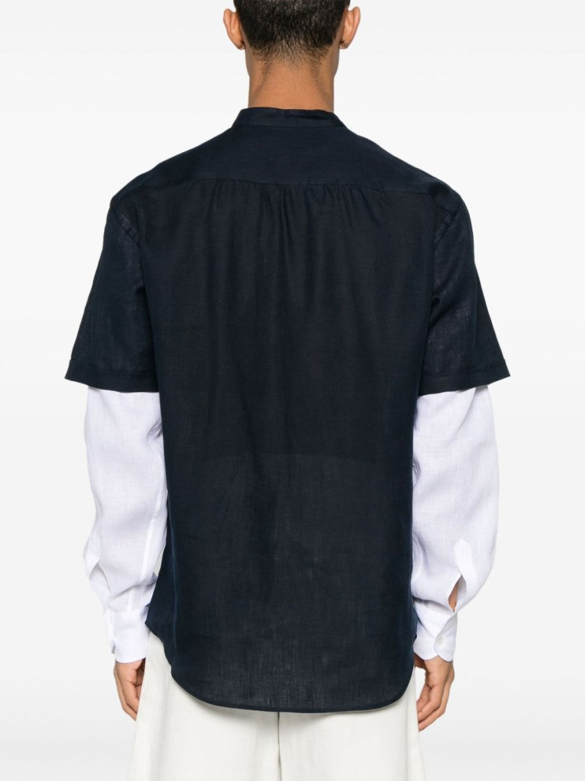 Giorgio Armani Layered Navy Blue Shirt With Band Collar And Buttoned Cuffs