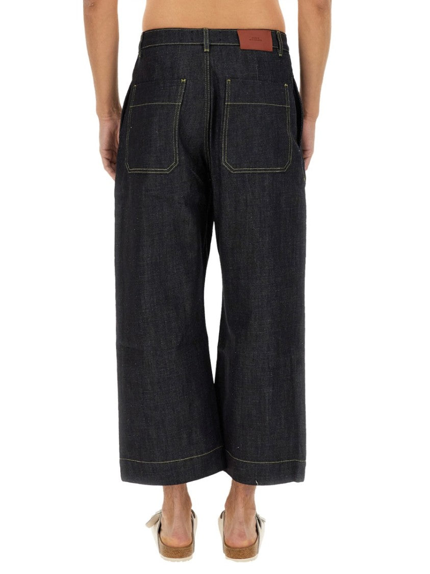 Studio Nicholson Wide-Leg Cropped Denim Trousers With Leather Label