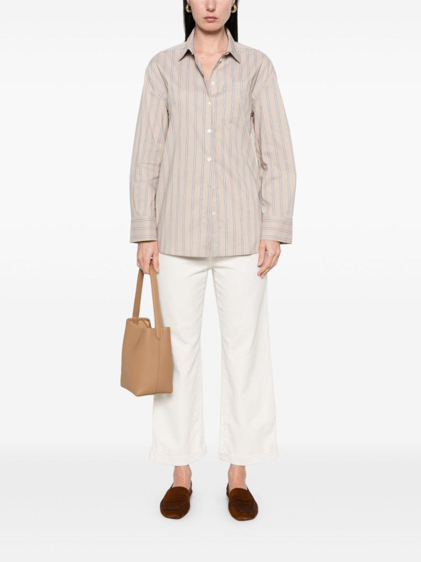 Semi Couture Button-Up Shirt With Lace Overlay And Vertical Stripes