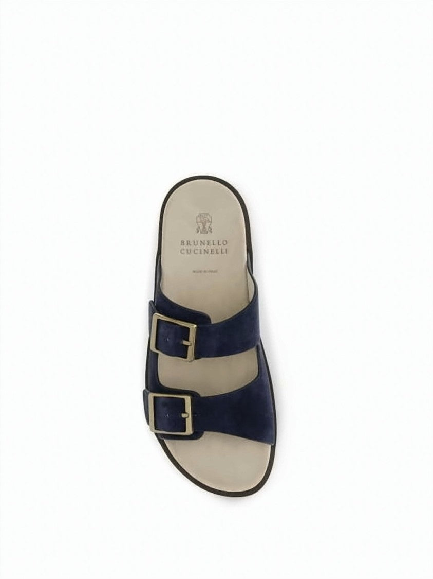Brunello Cucinelli Two-Strap Suede Sandals With Metallic Buckles