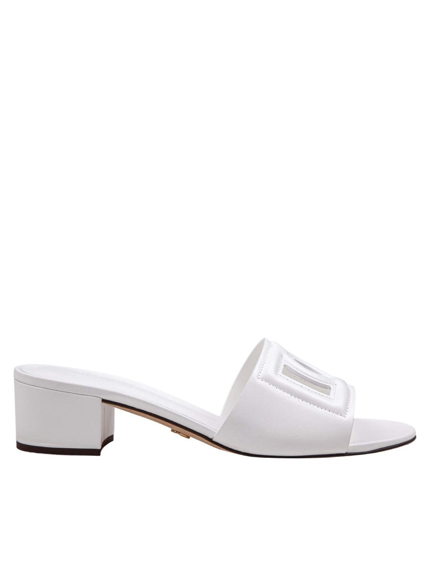 Dolce & Gabbana White Leather Mule With Dg Logo