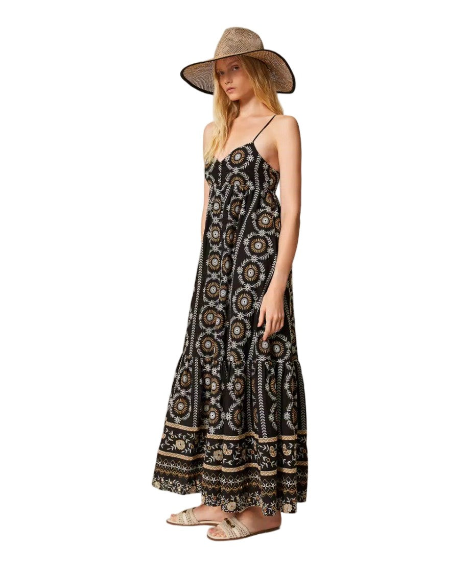 Twinset U&B Black Cotton Muslin Sangallo Embroidery Empire Dress