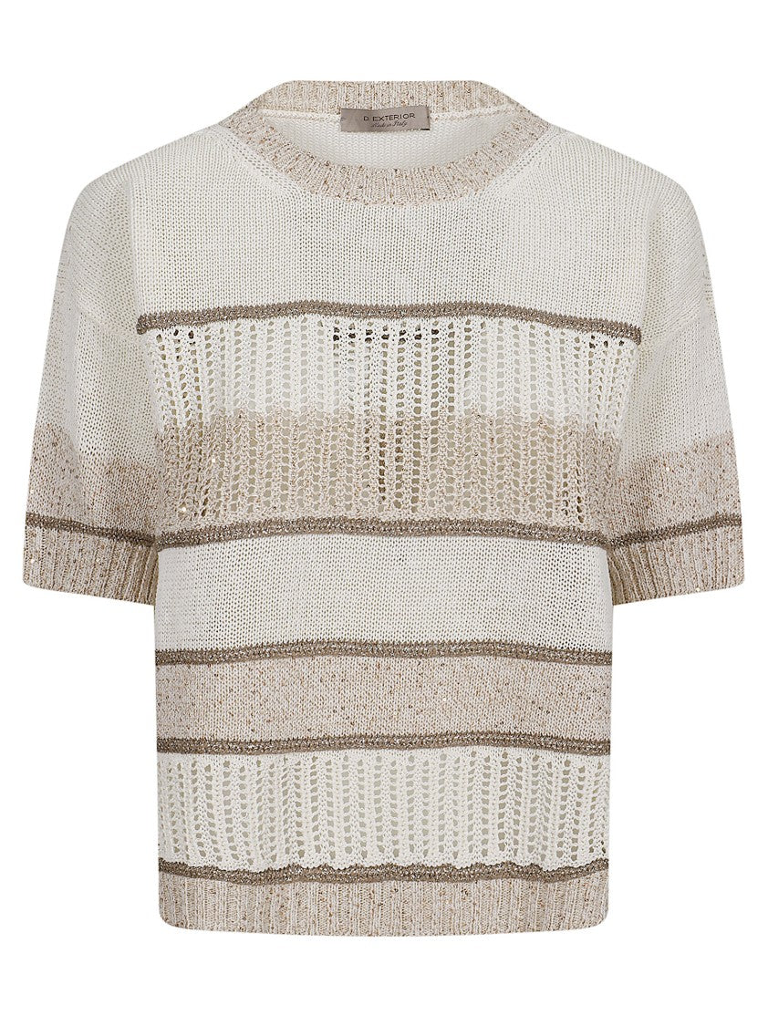 D. Exterior Short-Sleeved Knit Top With Textured Openwork Design