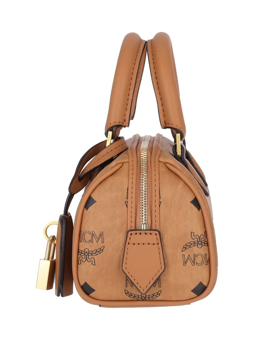Mcm Mini Ella Boston Handbag In Textured Calf Leather With Gold Padlock Charm