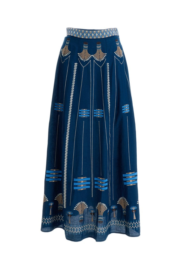 Emporio Sirenuse Embroidered Linen-Cotton Long Skirt