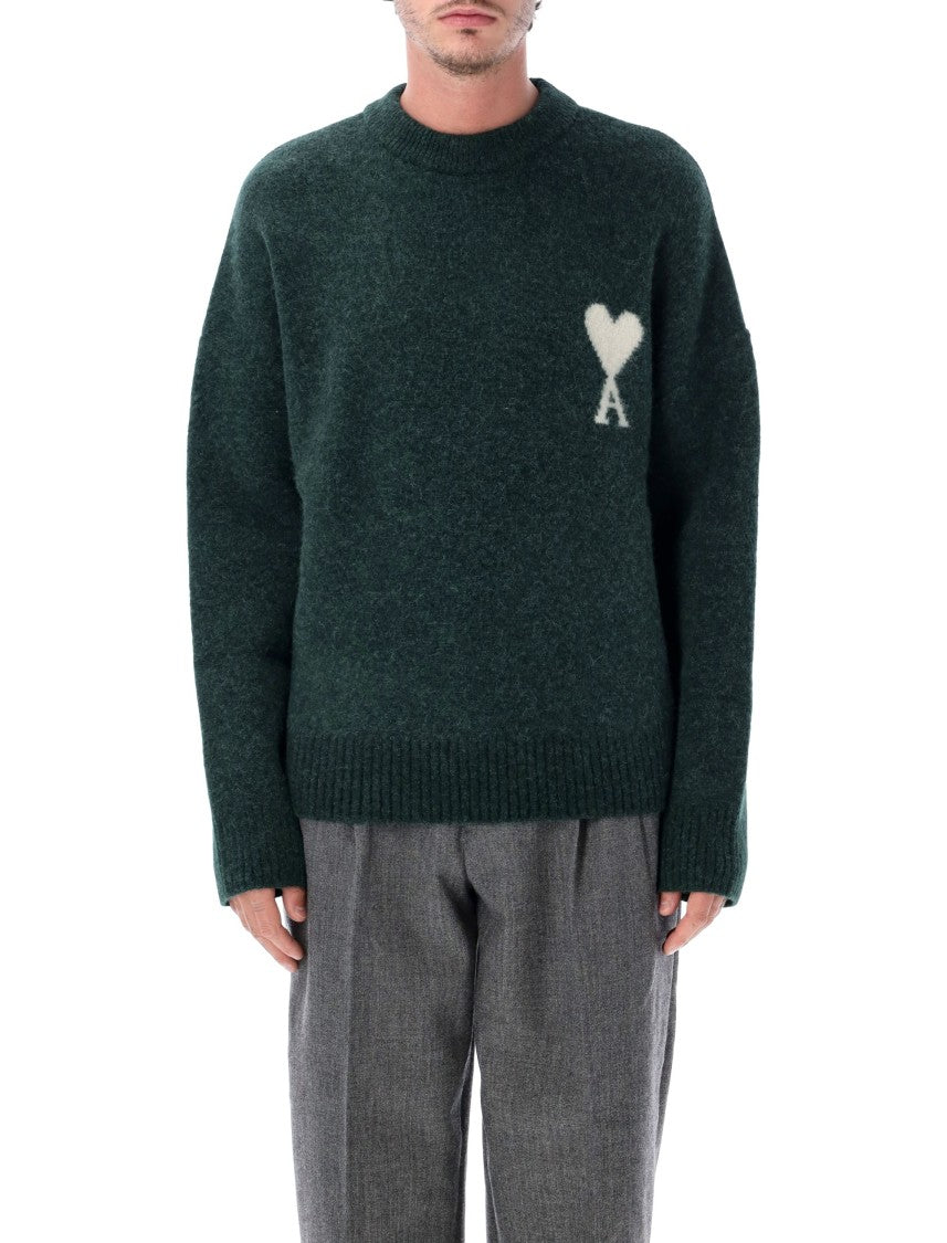 Ami Paris Dark Green Adc Heart Emblem Crewneck Sweater