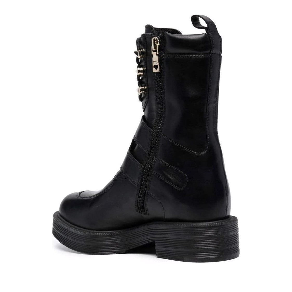 Love Moschino Black Leather Lace-Up Metallic Buckle Boots