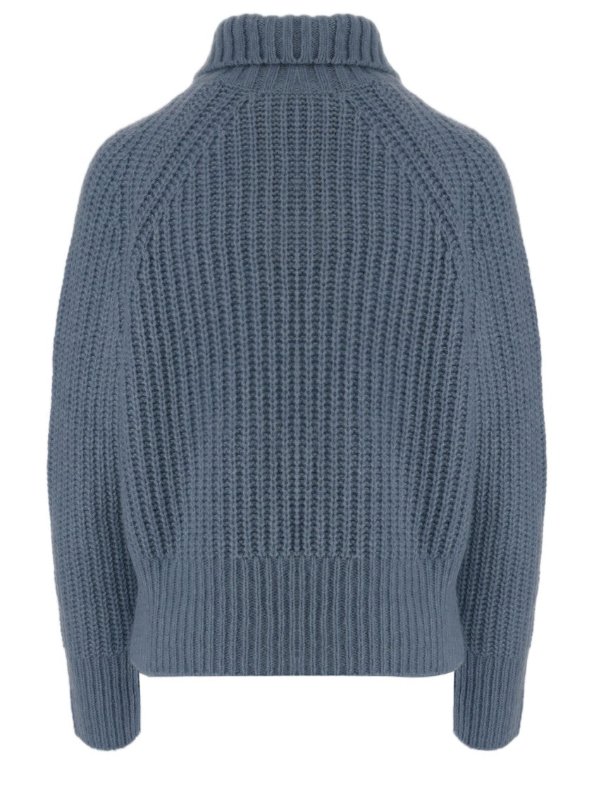 Allude Light Blue Zip Turtleneck Cashmere-Silk Sweater
