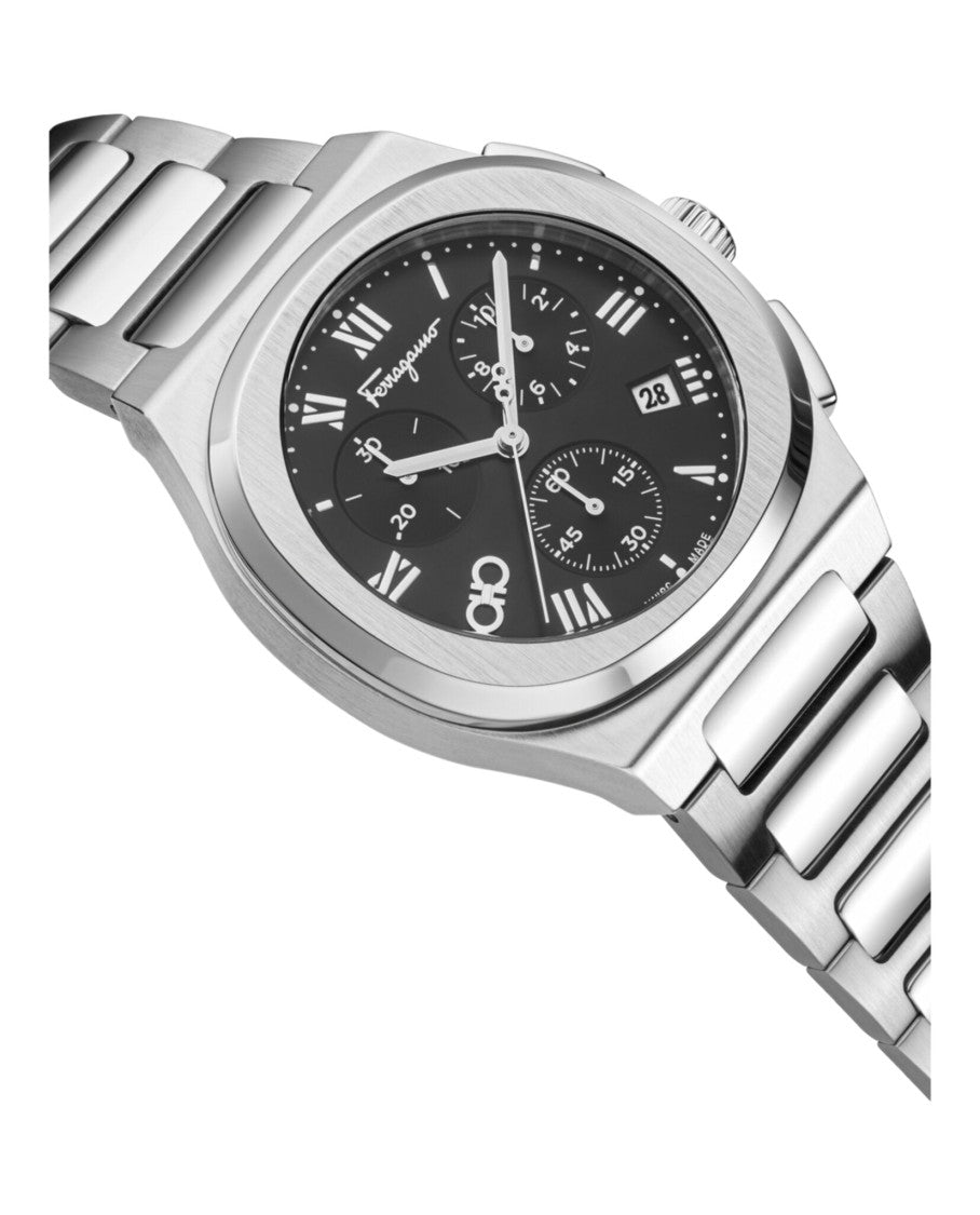Ferragamo Elliptical Chronograph Watch With 38Mm Stainless Steel Case And Black Sunray Dial