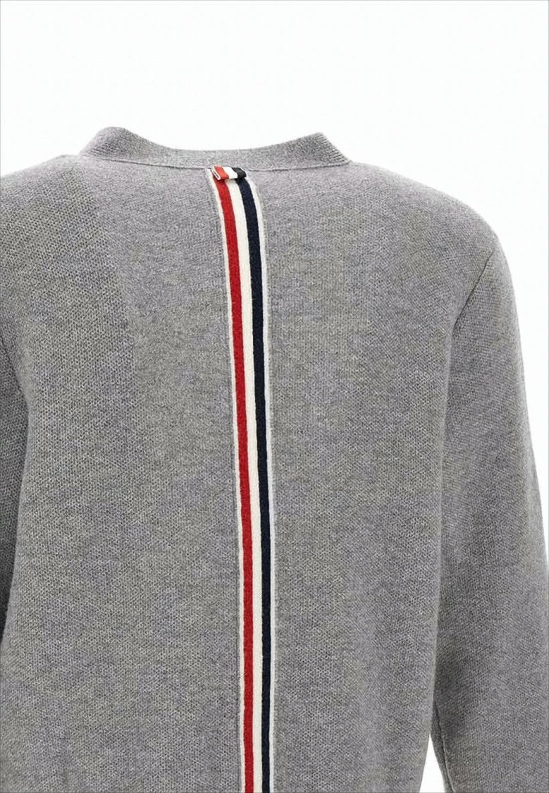 Thom Browne V-Neck Grey Wool Cardigan With Distinctive Stripe Detail