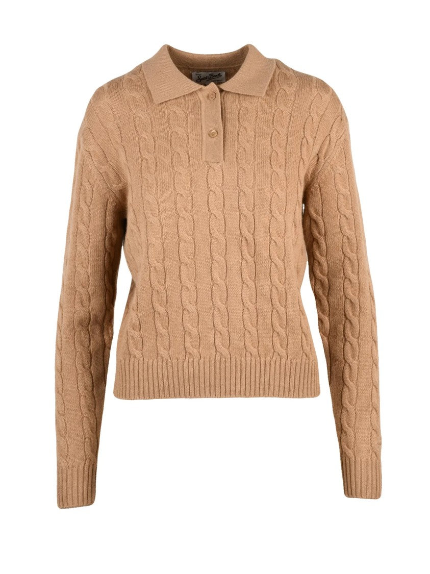 Mc2 Saint Barth Beige Cable Knit Wool Polo Sweater