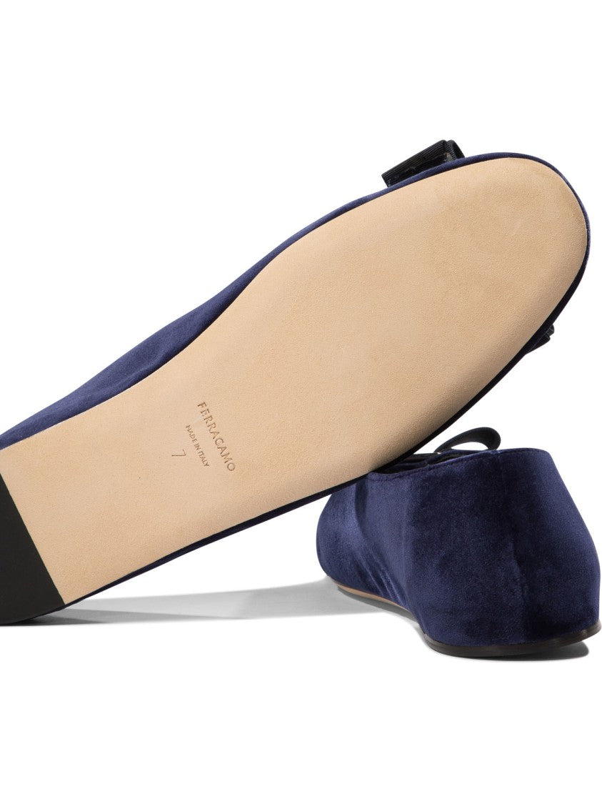 Ferragamo Velvet-Textured Ballerinas With Decorative Bow Detail