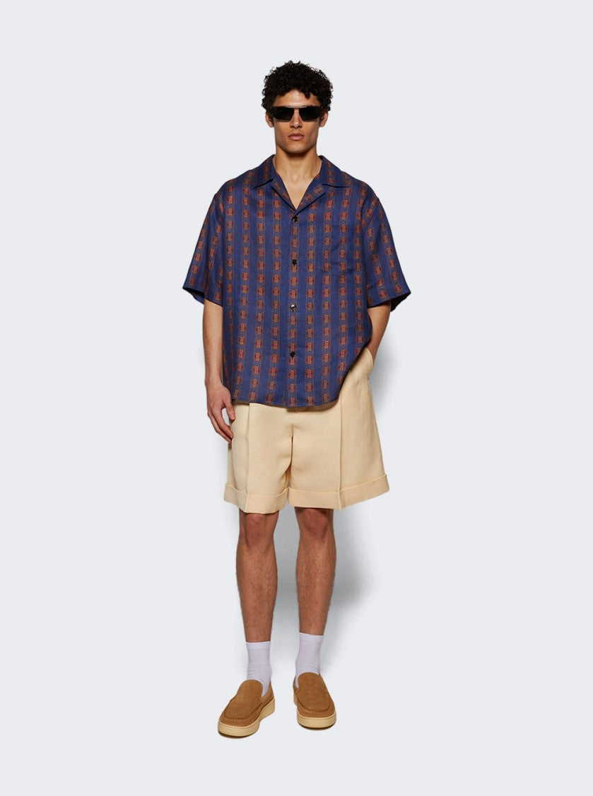 Valentino Linen Bowling Shirt With Voyage Imaginaire Print Blue
