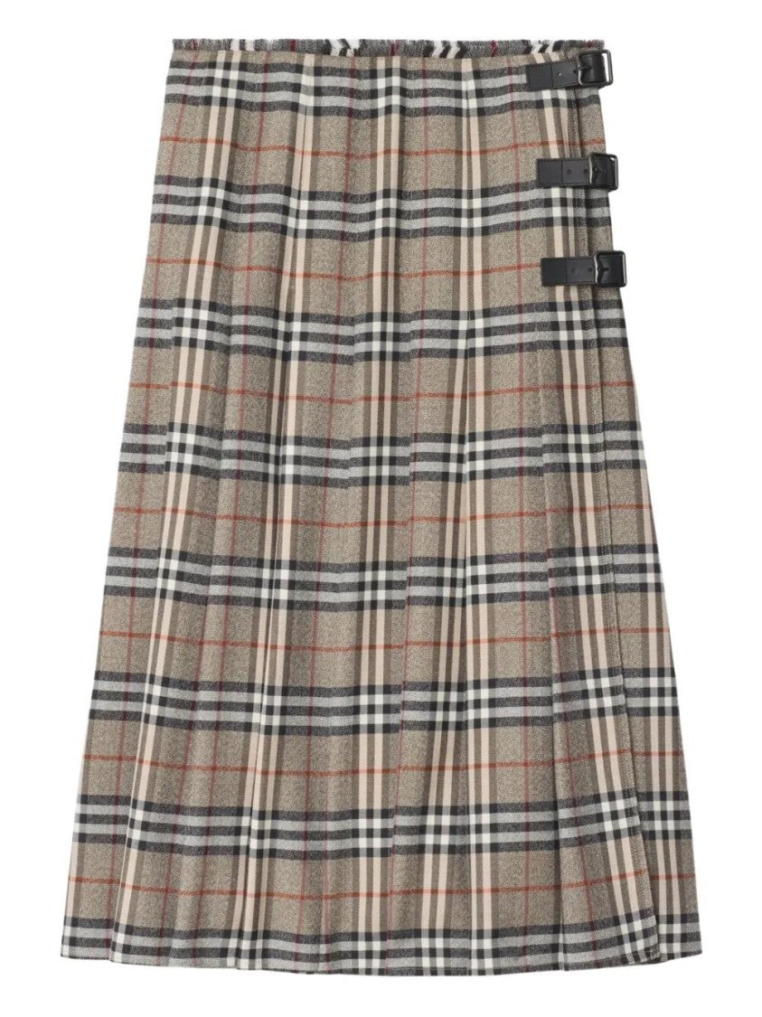 Burberry Plaid Wool Skirt With Decorative Buckles