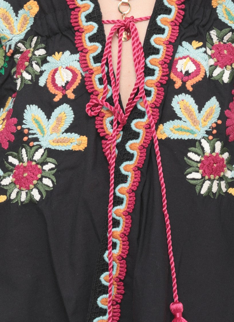 Miss Bikini Black Floral Embroidered Cotton Poncho
