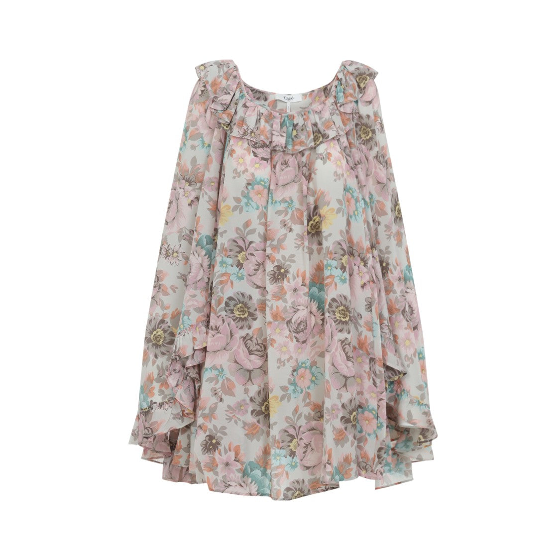 Chloé Floral Silk Dress With Ruffled Neckline