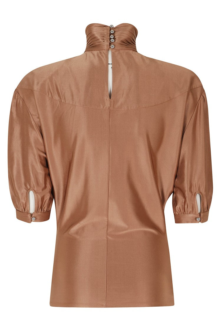 Rabanne Caramel Asymmetrical Blouson Viscose-Blend Top