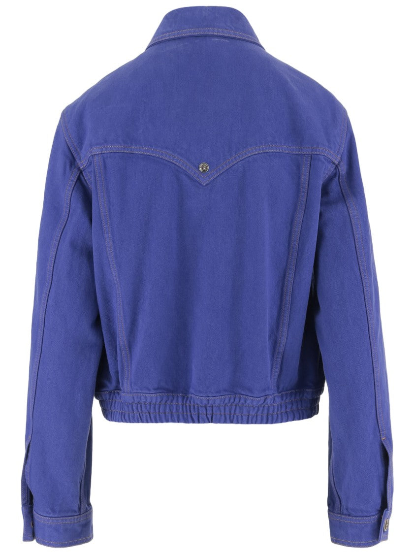 Versace Cropped Cotton Denim Jacket With Classic Collar And Button Closure