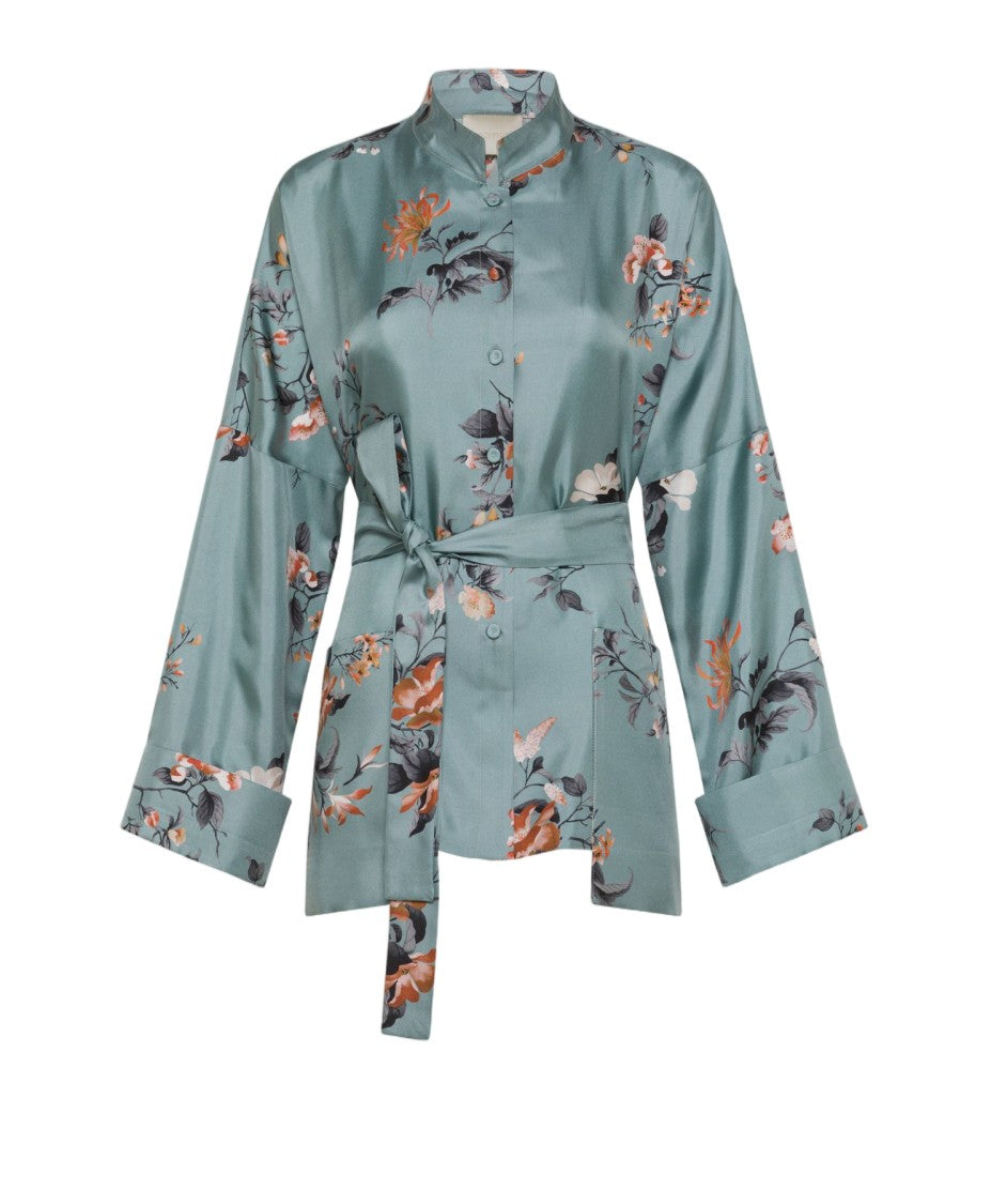 Momonì Printed Silk Twill Mandarin Collar Belted Jacket
