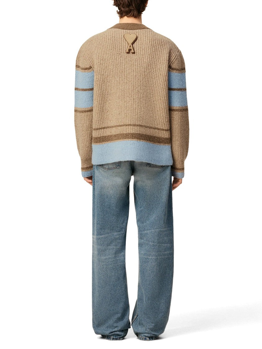 Ami Classic College-Style Wool Sweater In Rich Brown