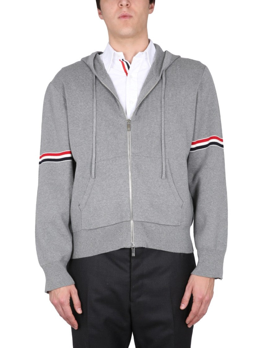 Thom Browne Zip-Up Hoodie With Drawstring And Contrasting Striped Sleeves