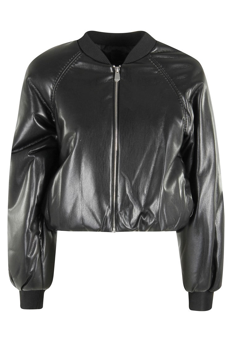 Pinko Cropped Black Faux Leather Bomber Jacket
