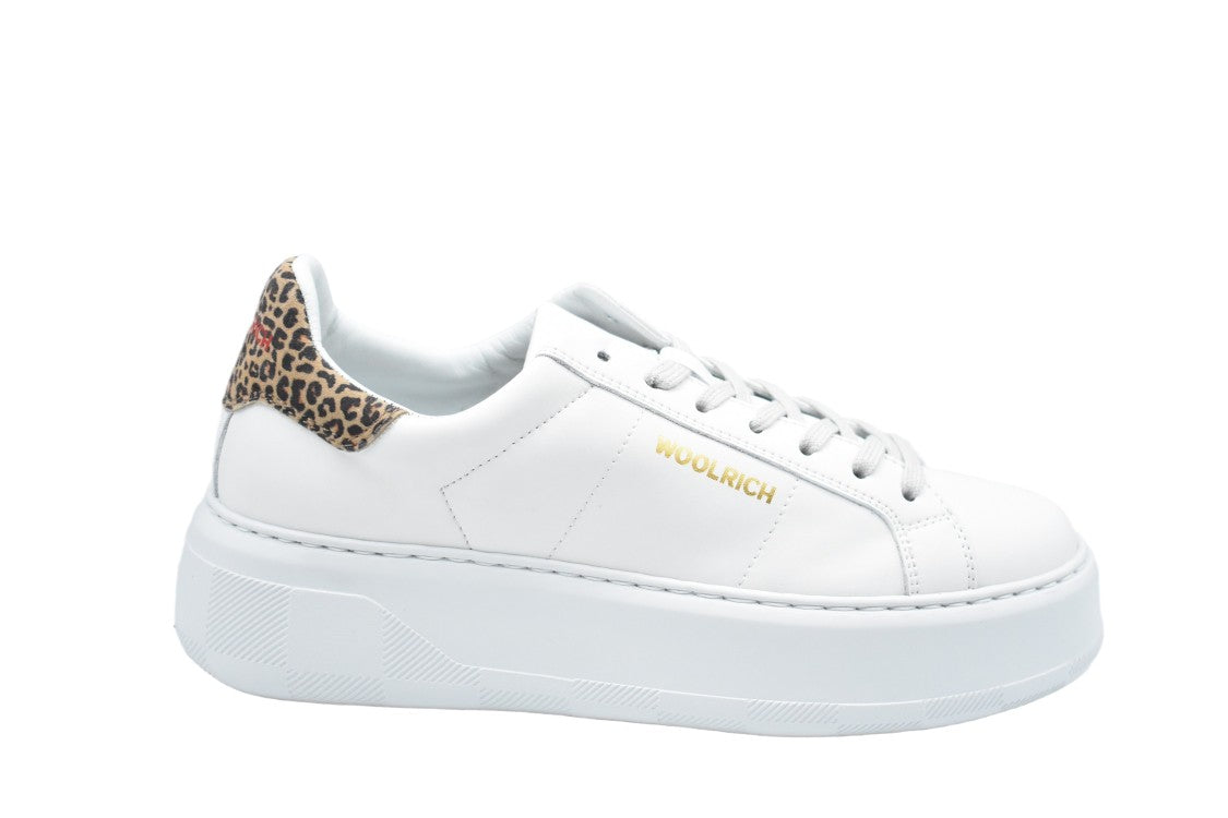 Woolrich Leopard-Accent White Platform Sneakers