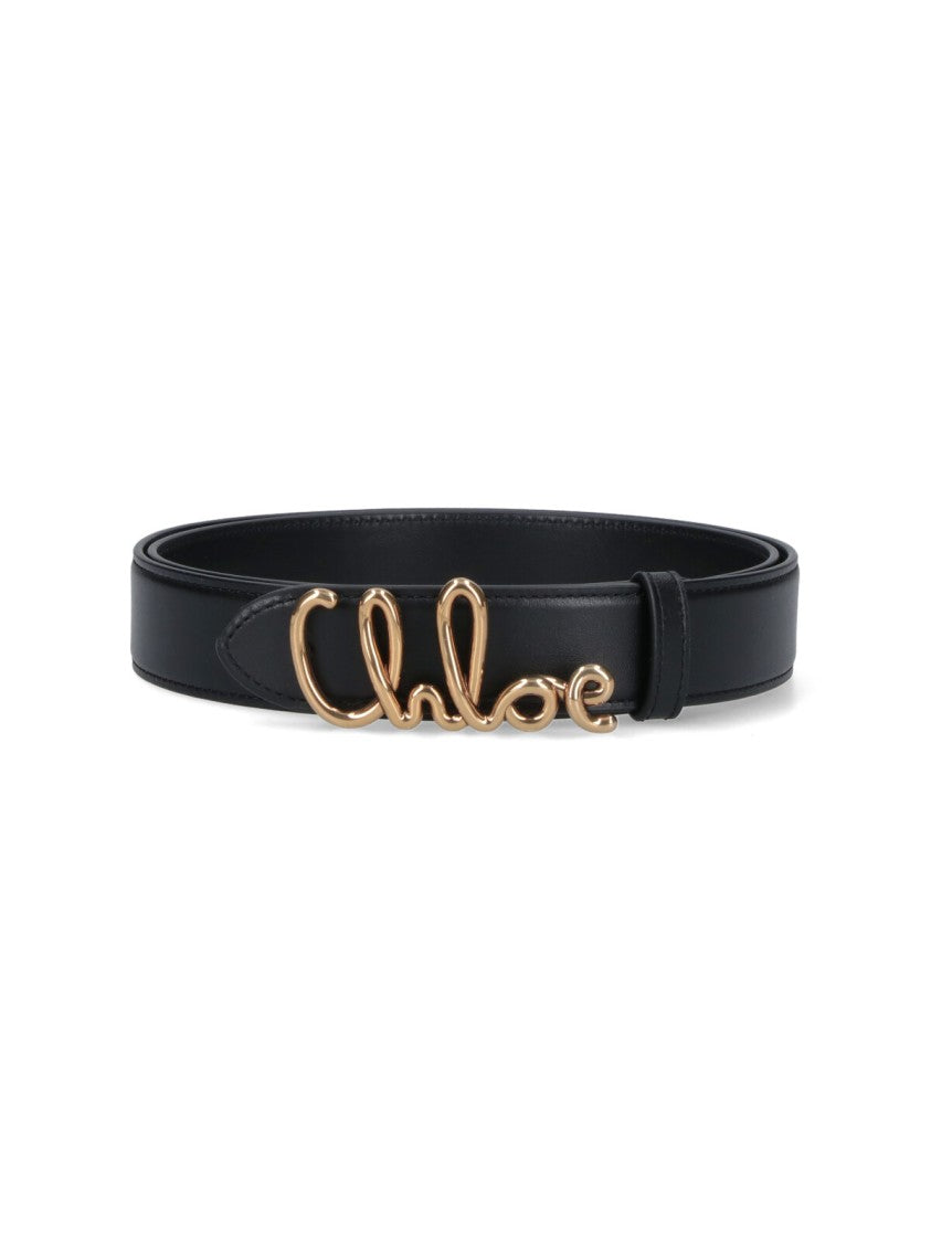 Chloé Black Leather Belt With Gold Logo Buckle