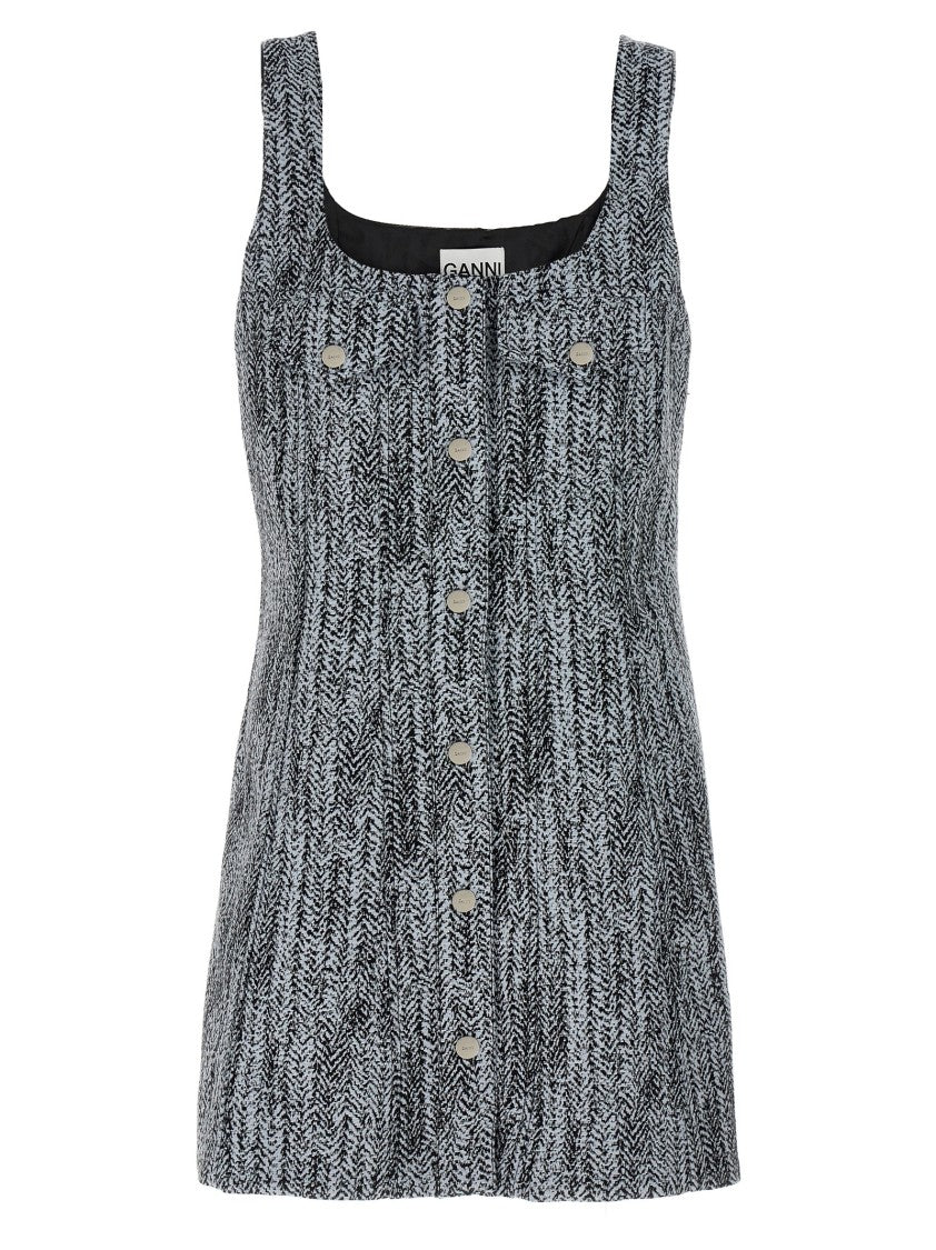 Ganni Cotton Tweed Mini Dress With Square Neckline
