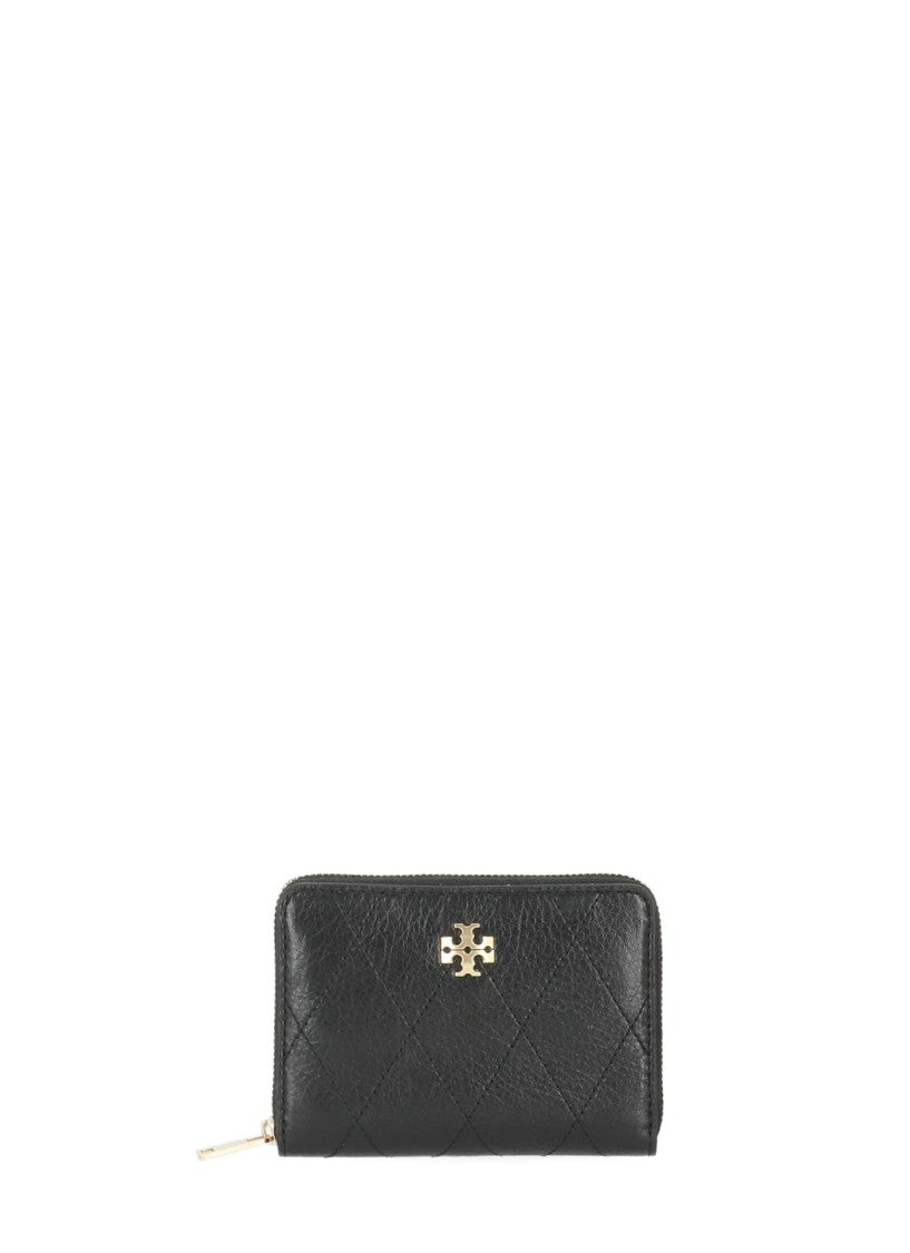 Tory Burch Black Quilted Leather Zip-Around Gold Logo Wallet