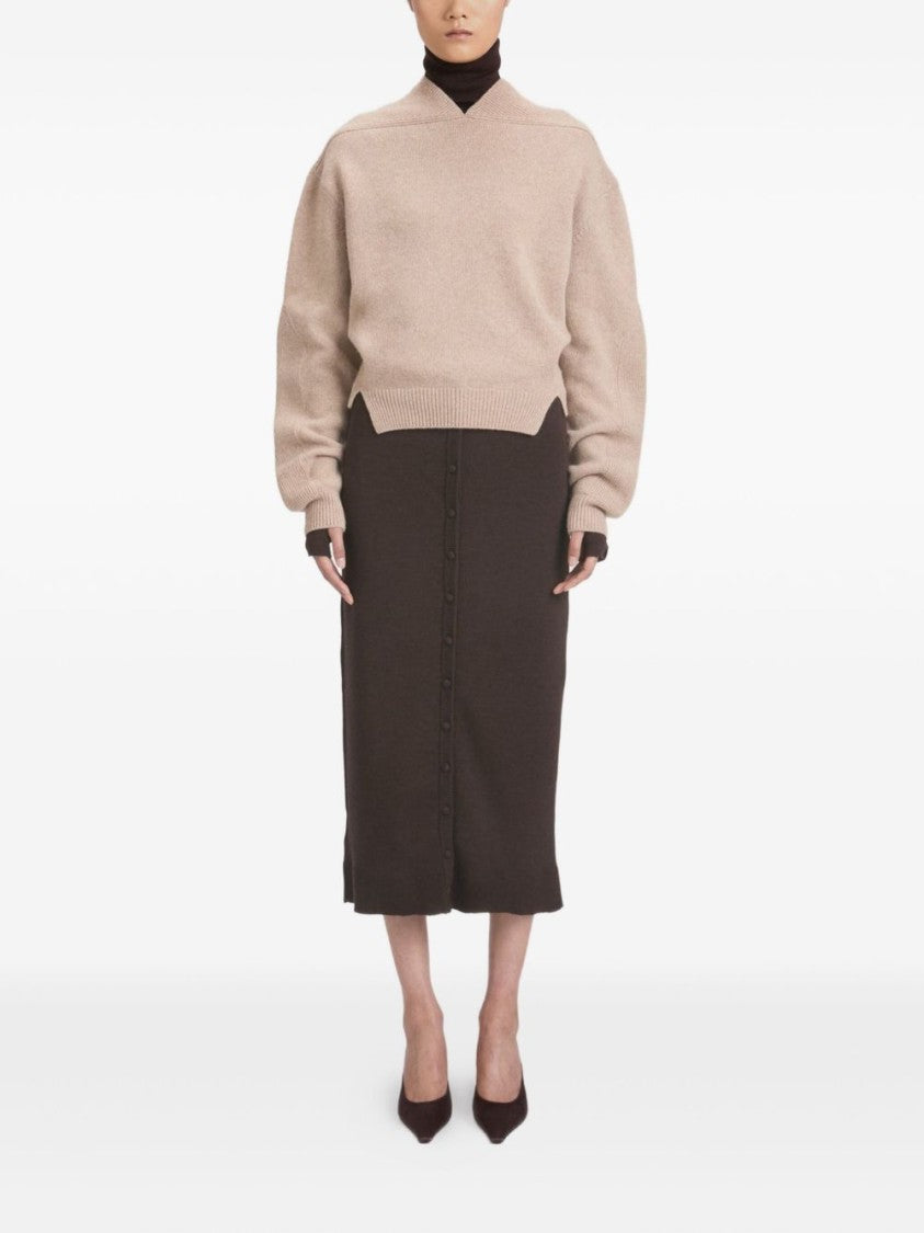 Victoria Beckham V-Neck Cashmere-Wool Blend Sweater With Ballooned Sleeves