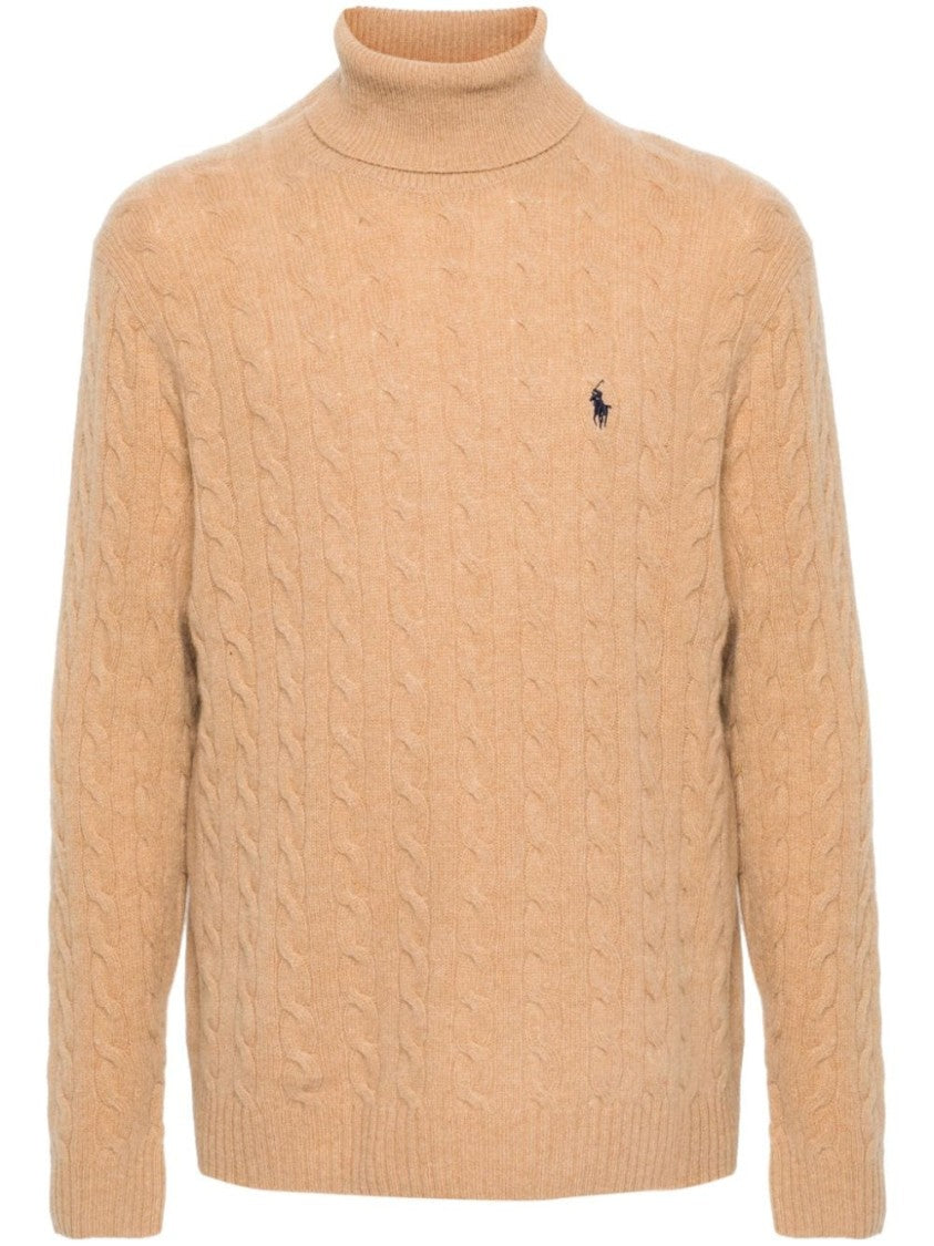 Polo Ralph Lauren Camel Cable-Knit Turtleneck Sweater With Embroidered Pony