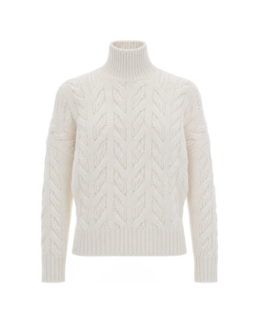 Max Mara White Cosmo Cable Knit High-Neck Sweater