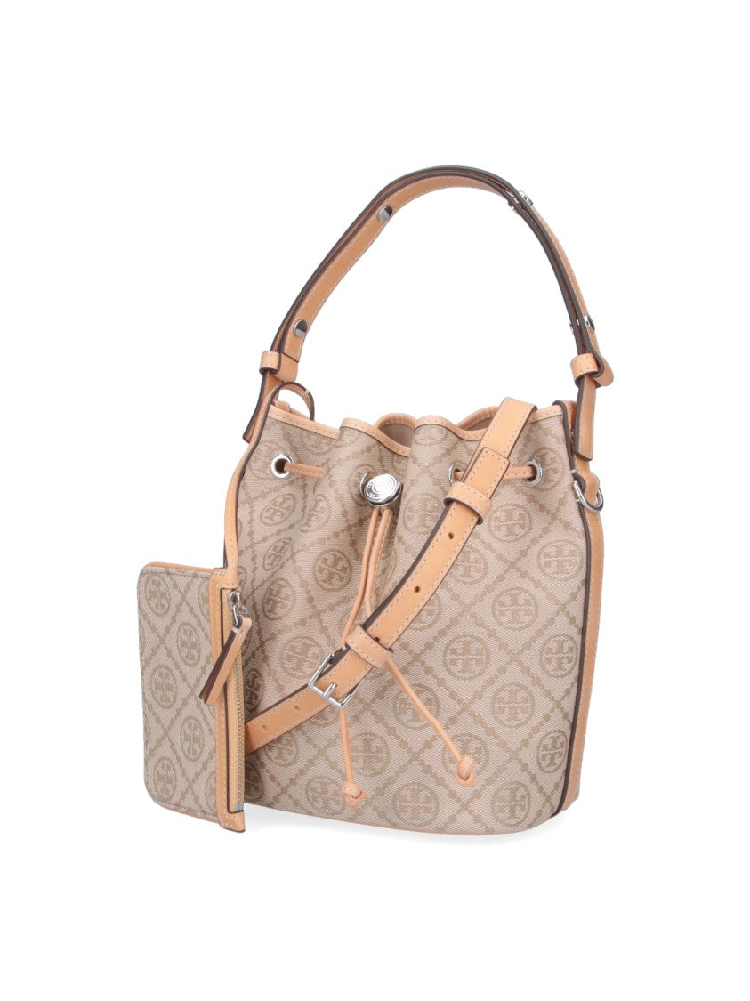 Tory Burch Medium Bucket Bag With Beige Monogram Pattern