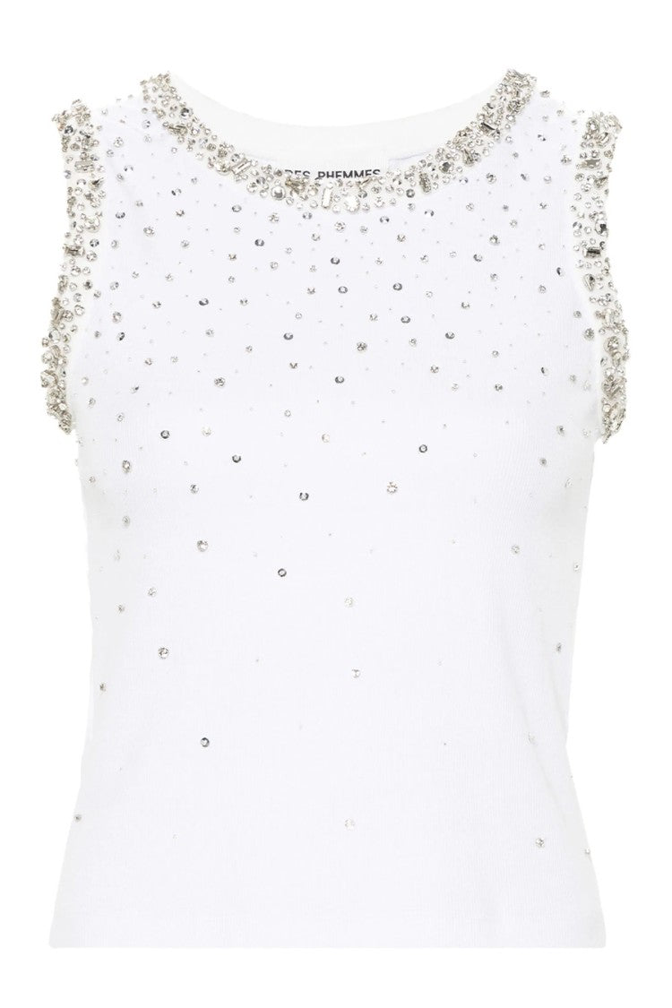 Des Phemmes Rhinestone-Embellished White Cotton Sleeveless Top