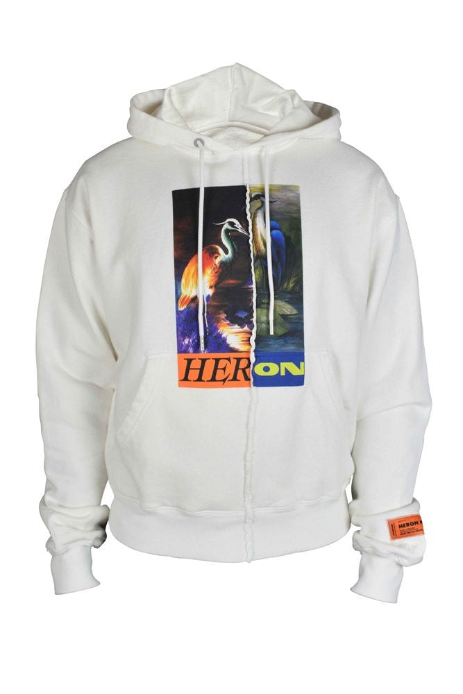 Heron Preston White Cotton Hoodie With Pelican Graphic