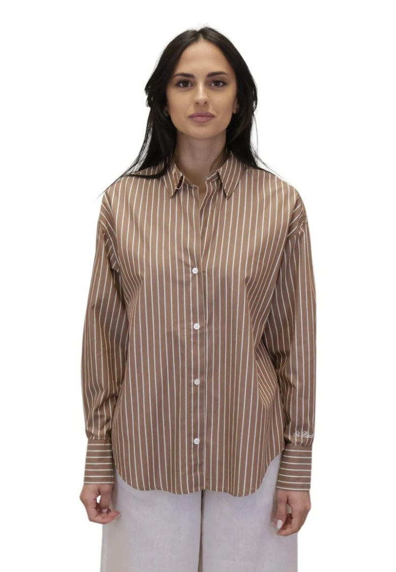 Mc2 Saint Barth Brown Pinstripe Relaxed-Fit Shirt With Embroidered Detail