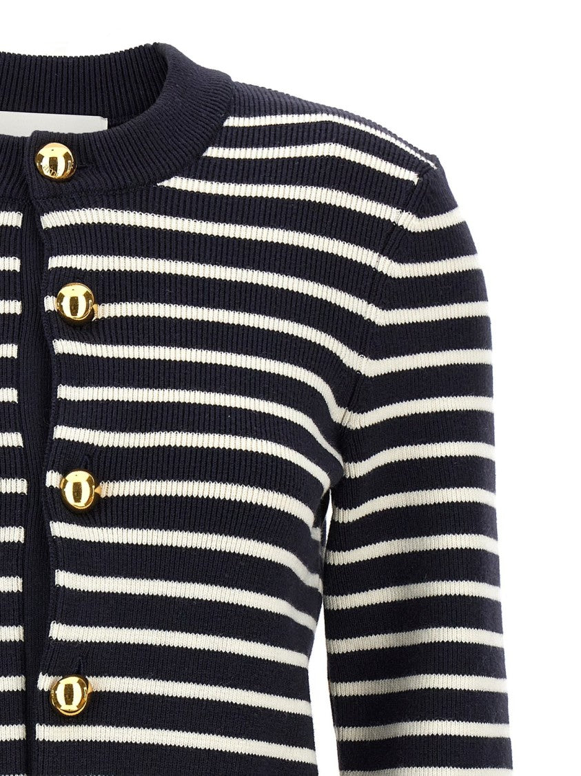 Ami Cropped Cardigan With Contrasting Horizontal Stripes And Gold-Tone Buttons