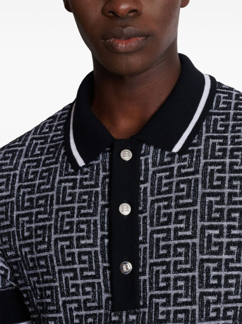 Balmain Black Merino Wool Patterned Jacquard Polo