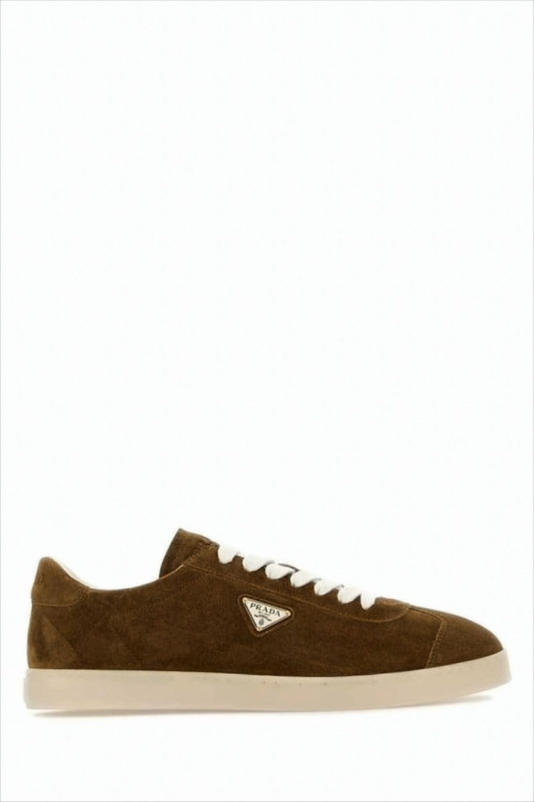 Prada Low-Top Suede And Calf Leather Sneakers With Triangular Logo Plaque