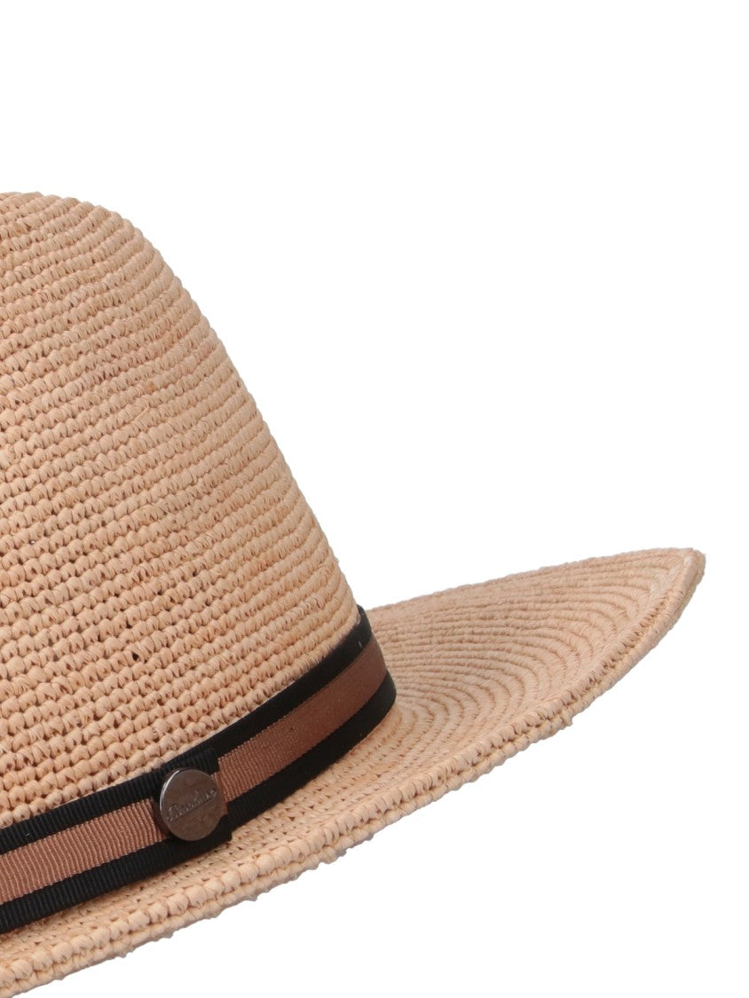 Borsalino Beige Woven Fedora Striped Hat