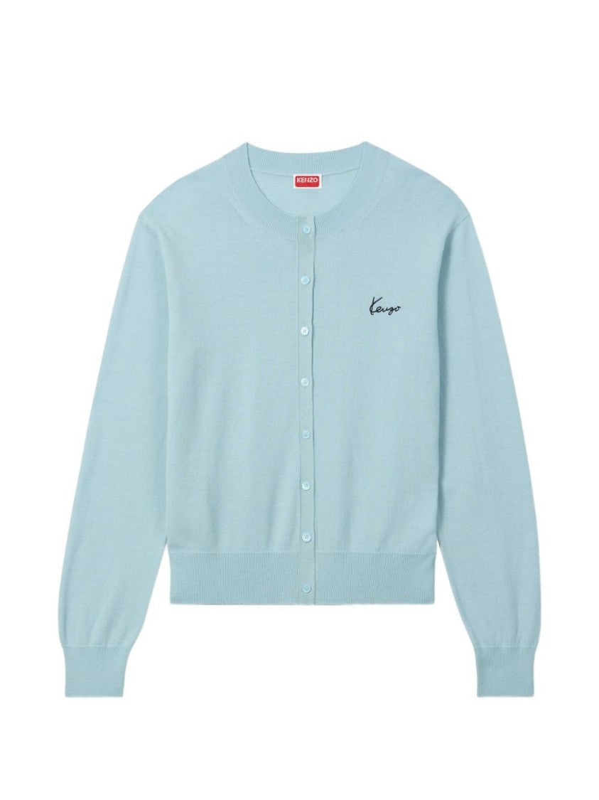 Kenzo Light Blue Cardigan Sweater With Embroidered Logo Detail