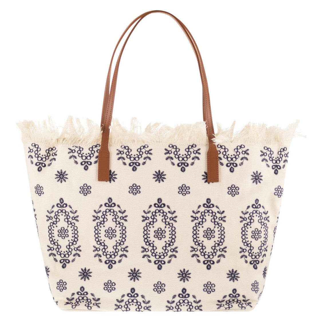 Mc2 Saint Barth Spacious Cream Tote Bag With Navy Embroidery